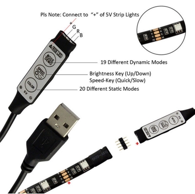 Vrouwelijke 1m zwarte LED strip met 5v stroomtoevoer en 3 key USB controller